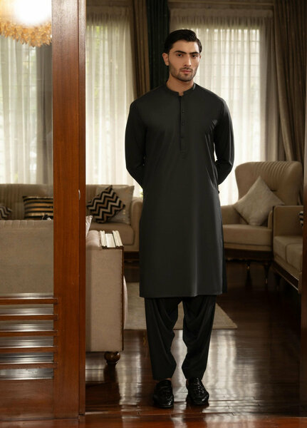 Stylish Garments Mens RTW Solids Wash N Wear Kurta Shalwar Suit Dark Gray Contrast Casual Collection