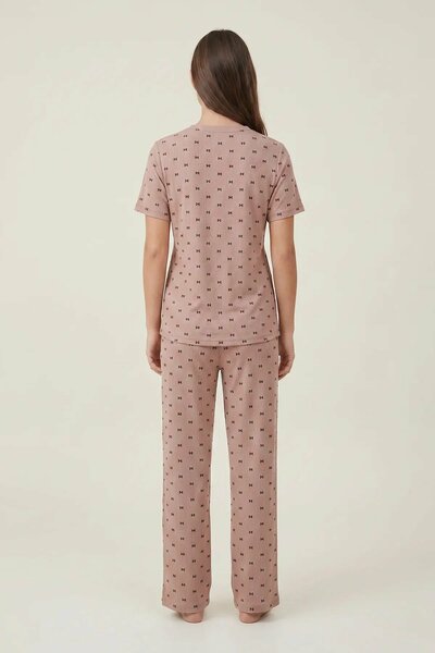 BLS - Bow Print Ribbed Pajama Set - Coffee