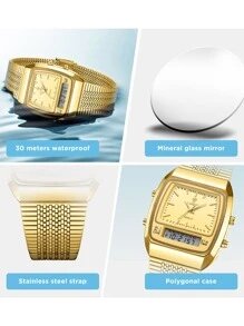 Shein - 1pc Men's Golden Case Trendy 12/24-hour Mode Dual Time Display Stainless Steel Waterproof Quartz Watch