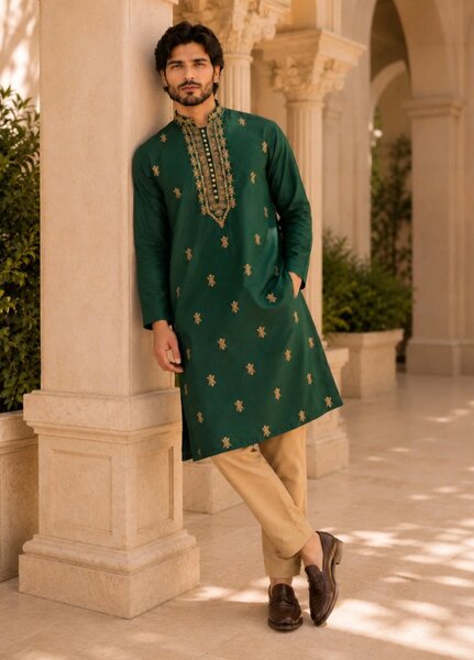 TGM Mens RTW Chikankari Chikankari Kurta Pajama Suit Aeron Green Festive Collection