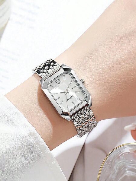 Shein - 6Pcs Stainless Steel Watch Band, Quartz Watch With Water Drop Necklace Bracelet Ring Earrings Set - Silver