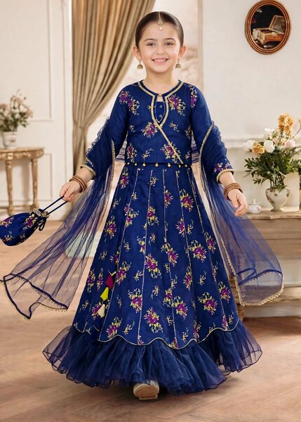 Jhilmil by Modest Girls RTW Printed Raw Silk 3 Piece Suit Blue Lehenga Festive Collection