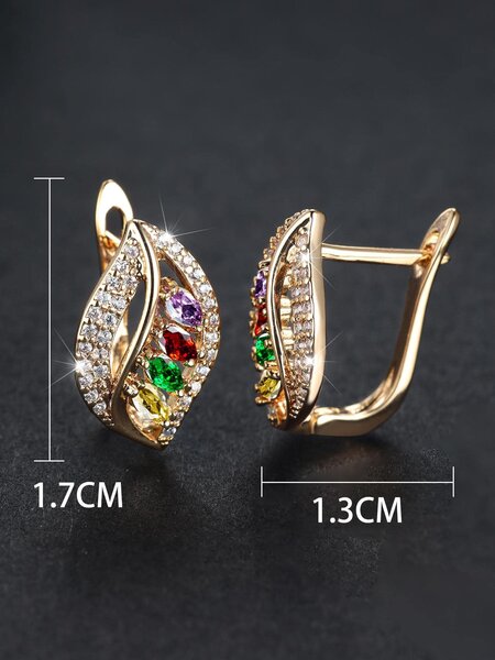 Shein - 1pair Glamorous Cubic Zirconia Decor Leaf Design Stud Earrings For Women For Gift