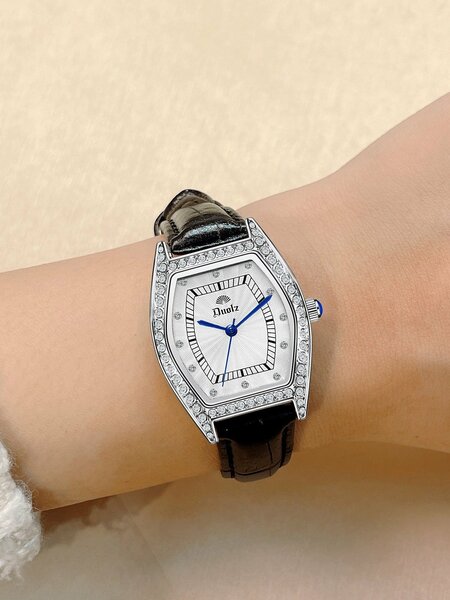 Shein - Rhinestone Decor Tonneau Pointer Quartz Watch