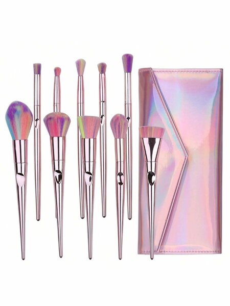 Shein - 10Pcs/Set Colorful  Makeup Tools Kit, Portable And Multi-Functional For Daily Makeup, Including Eyeshadow Brush, Foundation Brush, Blush Brush, Lip Brush, Nose Brush, Eyebrow Brush And Blending Brush