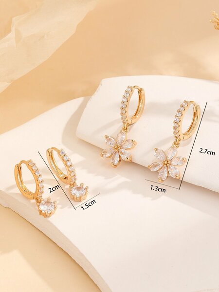 Shein - 2pairs/set Cubic Zirconia Flower Drop Earrings