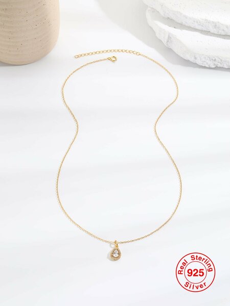 Shein - 1pc Pure 925 Sterling Silver Gold Plated Water-shaped Pendant Necklace With Rhinestone Decoration For Women, A Fashionable And Luxurious Versatile Jewelry Gift