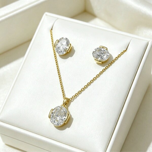 Shein - 1 Set Stainless Steel Chain Zirconia Pendant Necklace & Earrings Set