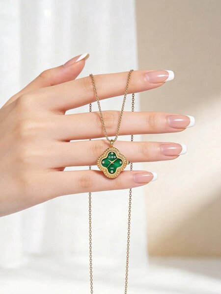 Shein - 1Pc Vintage Clover Women'S Beaded Quartz Pendant Watch