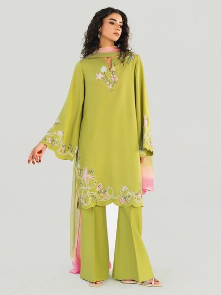 OLIVE LIME - 3pcs Khaddi Silk Ensemble