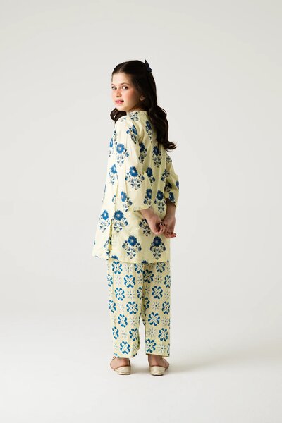Off-White Blue Floral Kurta Shalwar - 2pc