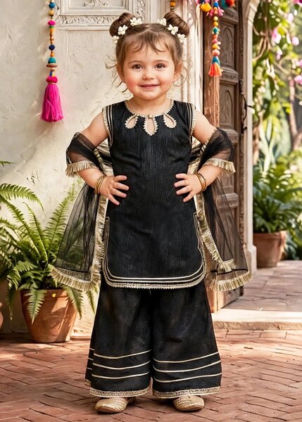 Modest Girls RTW Embroidered Cotton 3 Piece Suit Black Festive Collection