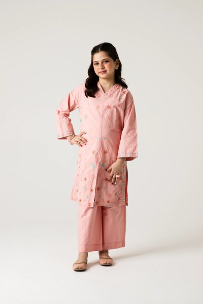 Peach Delicate Embroidered Kurta Set - 2pc