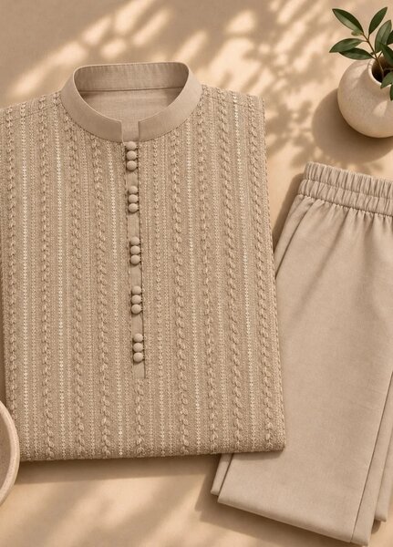 TGM Mens RTW Chikankari Chikankari Kurta Pajama Suit Titan Beige Festive Collection