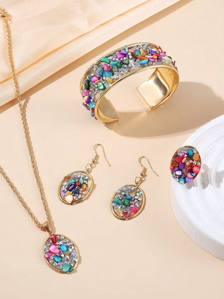 Shein - 6pcs/Set Multicolor Rhinestone & Crushed Stone Inlaid Exaggerated Personality Fashionable Metal Necklace Kit & 1pc Women's Casual Quarts Wrist Watch With Pu Band Suit For Daily And Festival Dressing Up