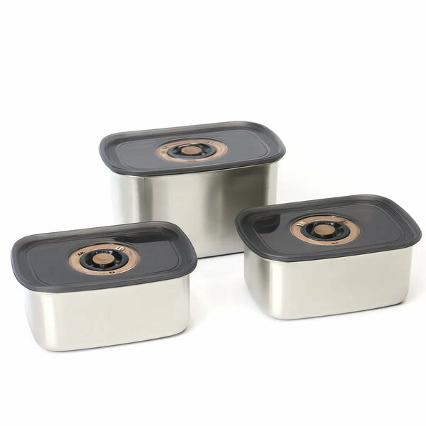 3 Pcs Steel Storage Box Set – Modern Matte Finish with Black Vacuum Lids – 750ml | 1000ml | 1250ml