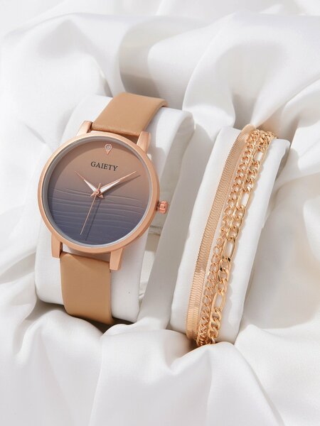 Shein - 1pc Ombre Round Pointer Quartz Watch & 1pc Layered Bracelet