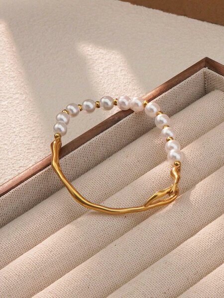 Shein - Vcetd 1Pc Elegant Vintage Style Stainless Steel Bead Decor Bracelet