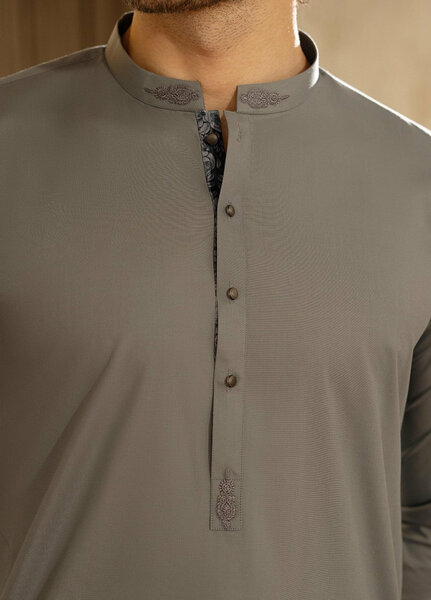 Stylish Garments Mens RTW Solids Wash N Wear Kurta Shalwar Suit Gray Contrast Casual Collection