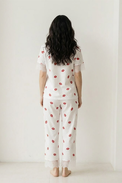 BLS - Short sleeves with long pants Pajama Set With Lace - White
