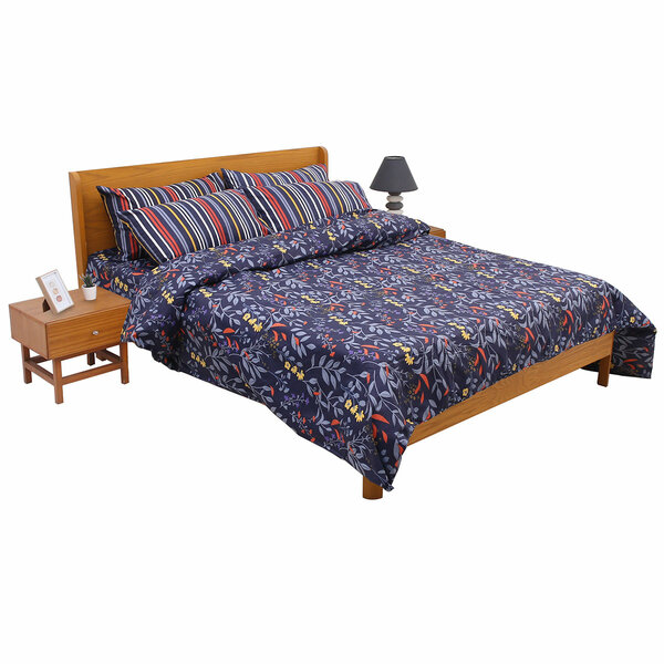 Blue Leaf Double Bedding Set – 6 Piece Modern Floral & Striped Bed Linen | Elegant Botanical Design