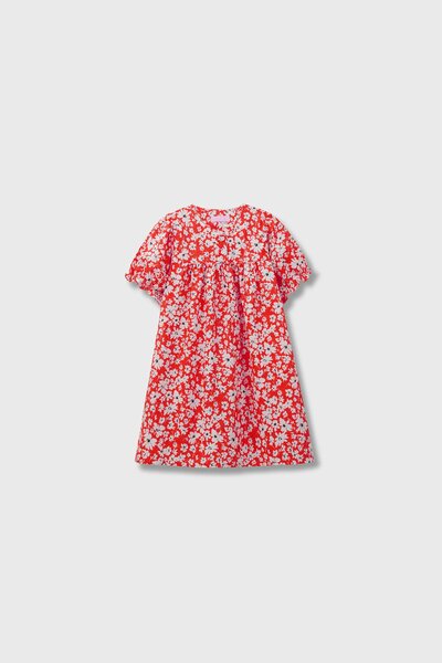 Red Puffy-Sleeve Cotton Dress
