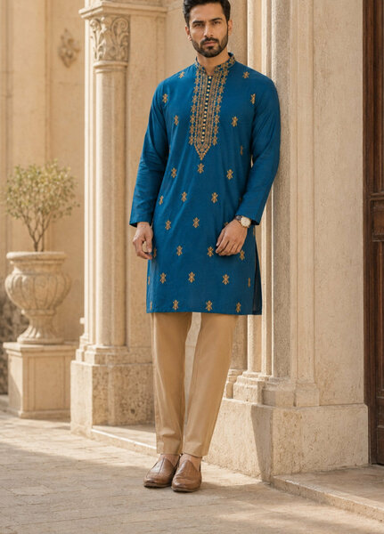 TGM Mens RTW Chikankari Chikankari Kurta Pajama Suit Aeron Blue Festive Collection