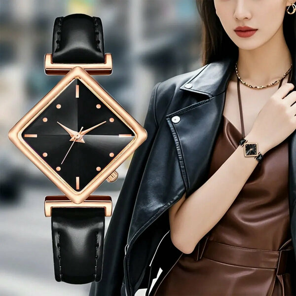 Shein - 1Pc Women'S Elegant Fashion Rhombus Alloy Case Pu Leather Band