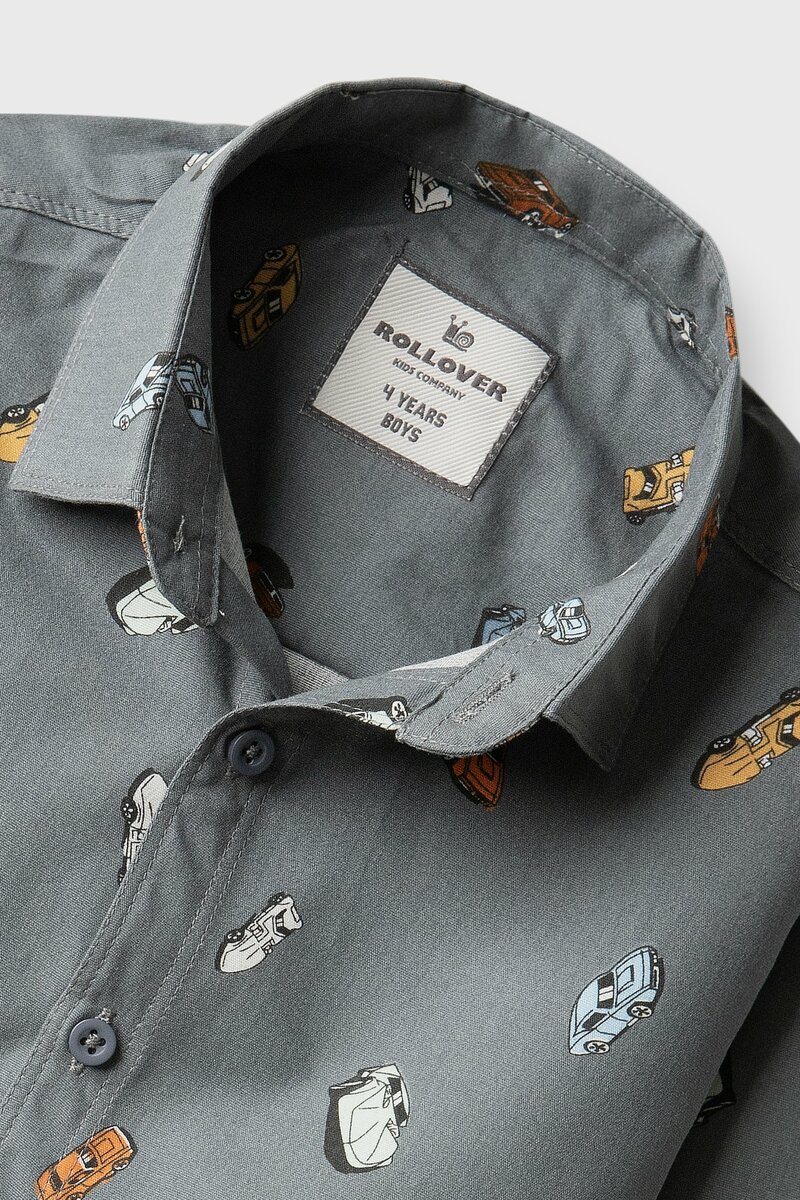 Boys Grey Cotton Vehicle Printed Shirt