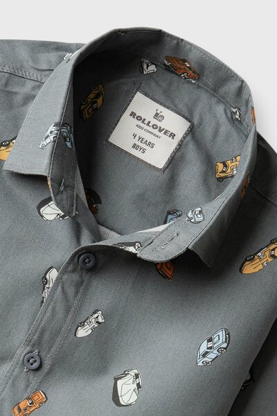 Boys Grey Cotton Vehicle Printed Shirt