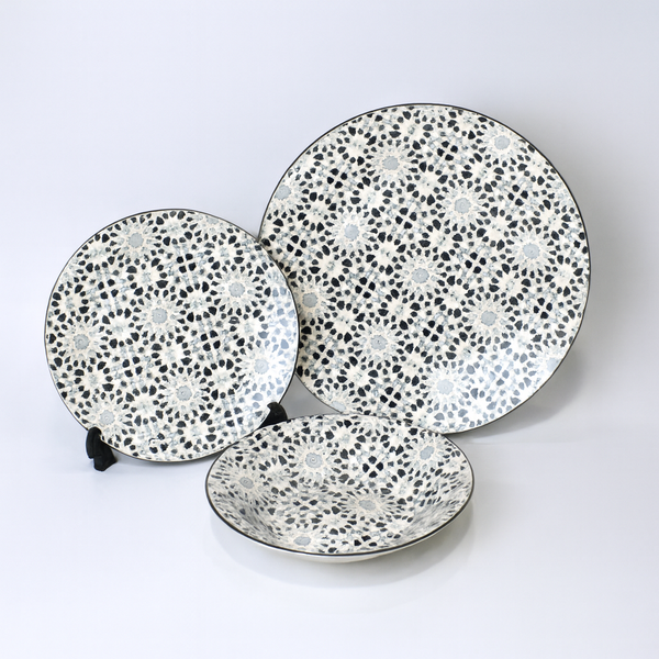 6 Person (18pcs) Grey Floral Medallion Plate Set – Elegant Ceramic Dinnerware Collection