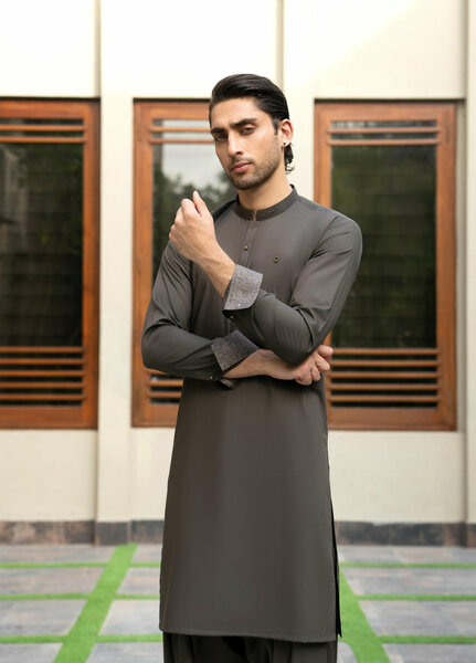 Stylish Garments Mens RTW Solids Wash N Wear Kurta Shalwar Suit Army Green Contrast Casual Collection