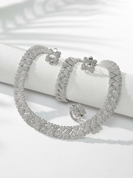 Shein - 5Pcs Rhinestone Heart Decor Jewelry Set