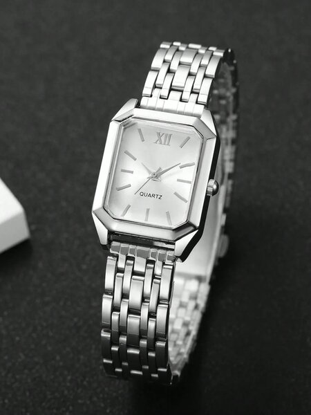 Shein - 1pc Women's Fashion Square Roman Numeral Dial Quartz Wrist Watch, Classic Elegant Style
