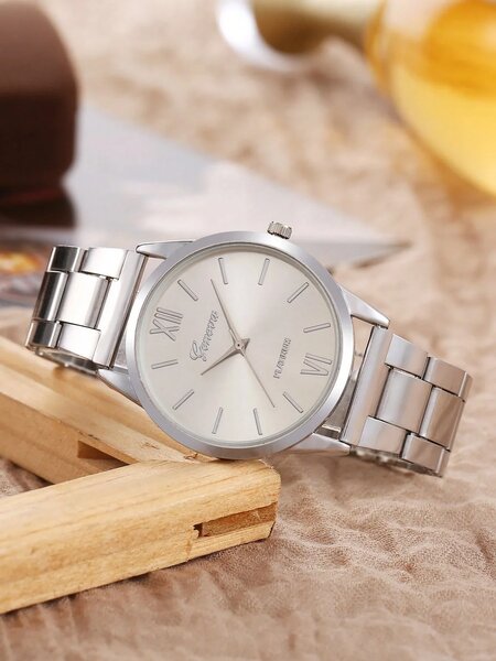 Shein - 2pcs/Set Women's Roman Numeral Dial Quartz Watch With Steel Band + Gemstone Butterfly Bracelet