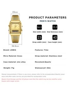 Shein - 1pc Men's Golden Case Trendy 12/24-hour Mode Dual Time Display Stainless Steel Waterproof Quartz Watch