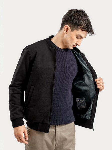 Brumano Mens RTW Solids Cotton 1 Piece Black Knitted Bomber Jacket Winter Collection