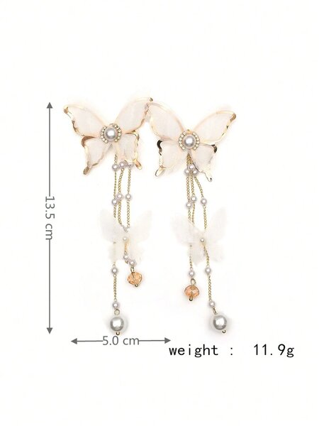 Shein - 2Pcs Elegant Lace, Rhinestone, Faux Pearl & Butterfly Dangle Earrings With Long Tassels For Women'S Daily Wear, European And American Style