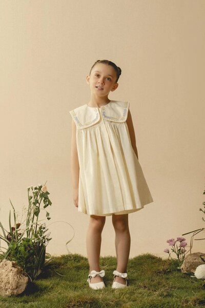 Cecile | Cream pleated dress with hand-embroidered collar