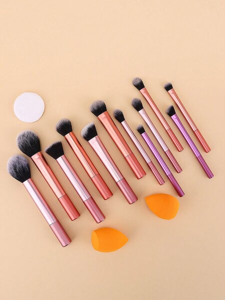 Shein - 12pcs Makeup Brush Set Including Powder Brush, Blush Brush, Concealer Brush, Eyeshadow Brush & 2 Orange Makeup Sponges & 1 White Powder Puff, Suitable For All Skin Types