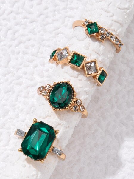 Shein - 4Pcs/Set Glamorous Zinc Alloy Rhinestone Geometric Decor Ring For Women For Girlfriend'S Gift