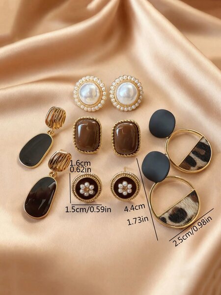 Shein - 5pcs/Set Vintage Hong Kong Style Niche Design Heart-Shaped Faux Pearl Geometric Minimalist Elegant Elegant Fashion Versatile Stud Earrings Set, Suitable For Women's Daily And Festival Wear