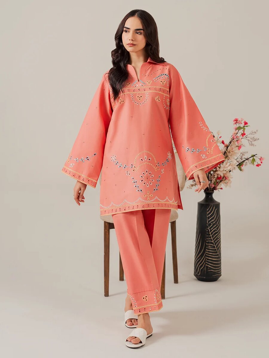 Coral- 2Pcs Embroidered Coord Set