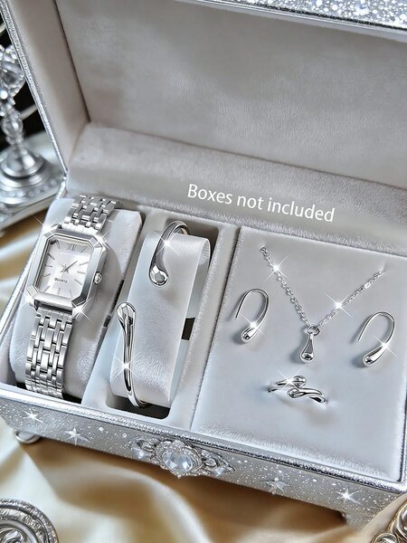 Shein - 6Pcs Stainless Steel Watch Band, Quartz Watch With Water Drop Necklace Bracelet Ring Earrings Set - Silver