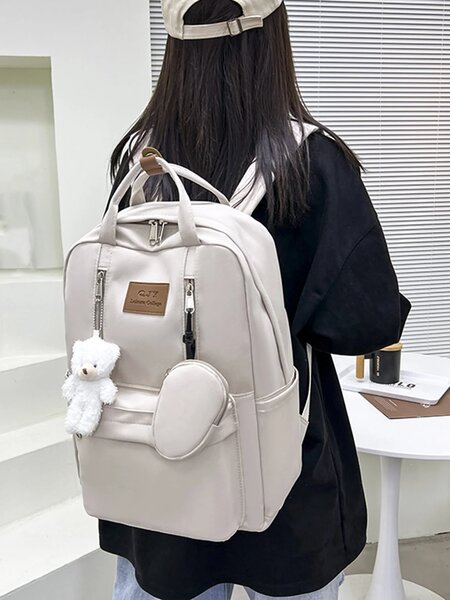 Shein - Classic, Casual Bear & Letter Patch Decor Functional Backpack With Coin Purse School Bag For Teen Girls, Women,College Students, Perfect For Outdoors ,Travel & Back To School, With Bear Pendant , Women Bag With Dime Bag