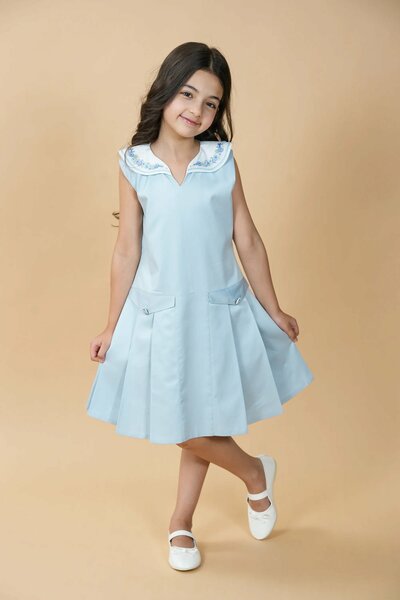 Bluebird | Pure cotton dress with hand-embroidered collar & box pleats