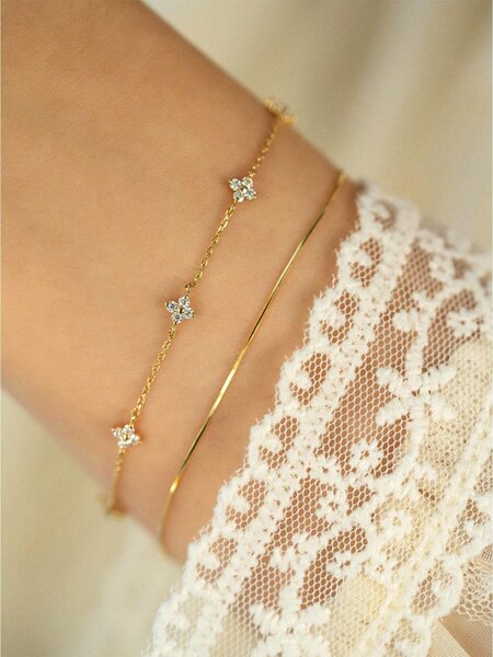 Shein - 1pc S925 Sterling Silver Bracelet - Floral & Rhinestone Design, Simple, Versatile; For Daily Wear, Gift For Best Friend, Girlfriend