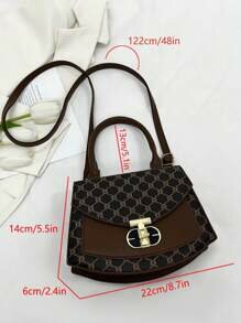 Shein - Fashion Flap Geometric Pattern Vintage Print Handbag Brown