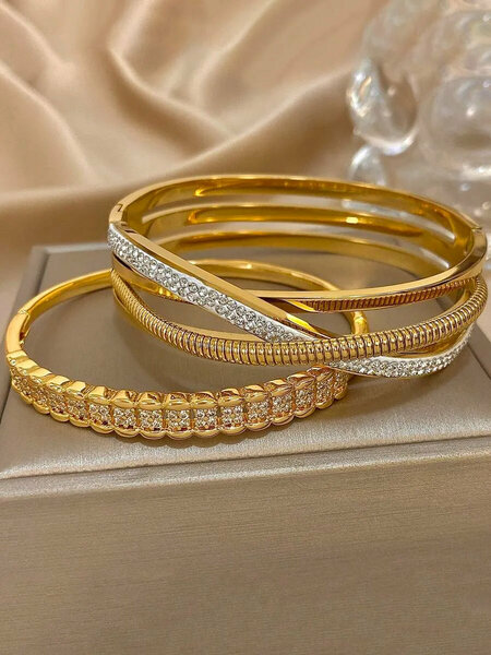 Shein - 18K Gold Plated Stainless Steel Luxury Vintage Zirconia Bangle Bracelets