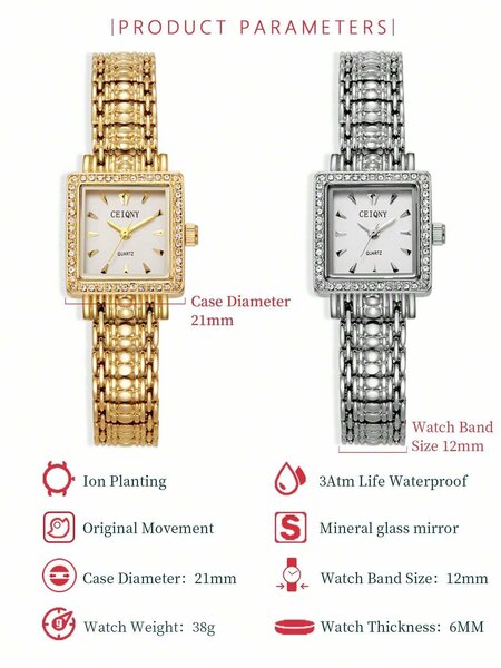 Shein - 1pc Women's Vintage Rhinestone Decor Luxury Elegant Water Resistant Fashion Simple Style Square Quartz Ladies Watch Silver